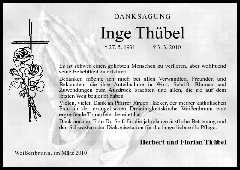 Traueranzeige für Inge Thübel vom 13.03.2010 aus MGO