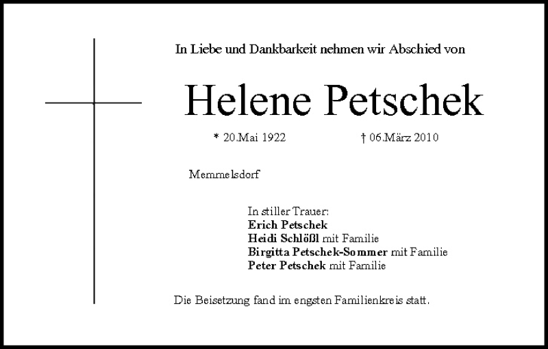  Traueranzeige für Helene Petschek vom 16.03.2010 aus MGO