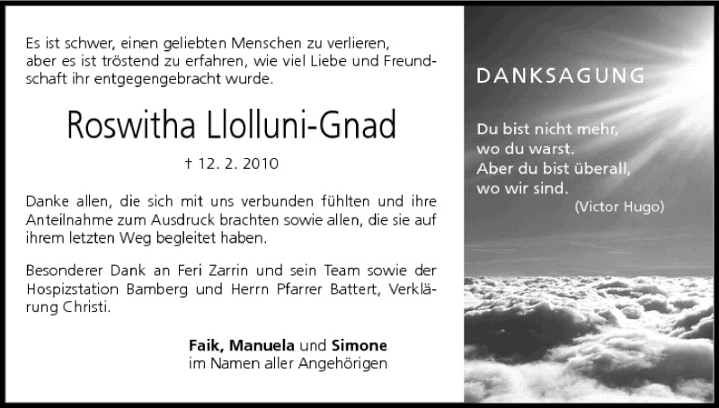  Traueranzeige für Roswitha Llolluni-Gnad vom 13.03.2010 aus MGO
