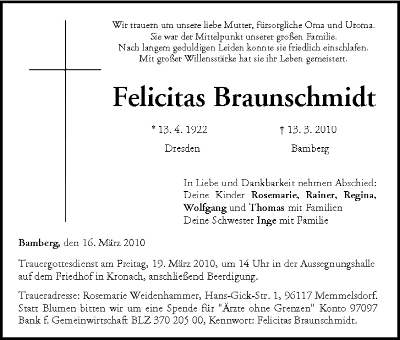  Traueranzeige für Felicitas Braunschmidt vom 16.03.2010 aus MGO