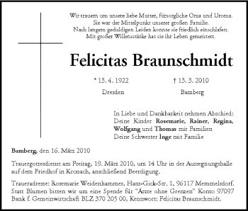 Anzeige von Felicitas Braunschmidt von MGO