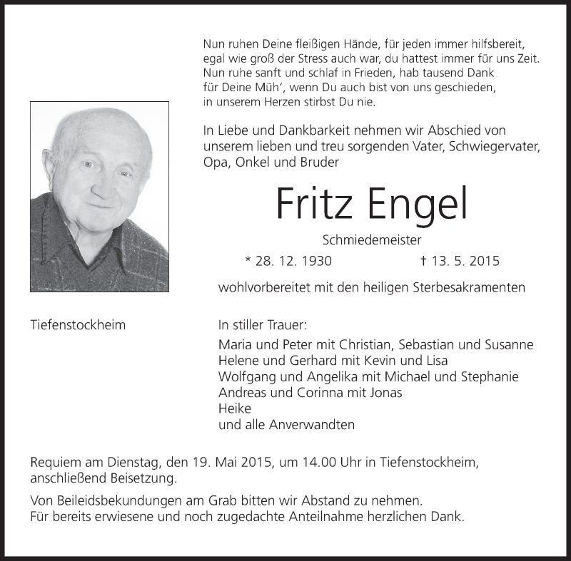  Traueranzeige für Fritz Engel vom 16.05.2015 aus MGO