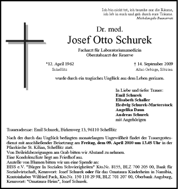 Anzeige von Josef Otto Schurek von MGO