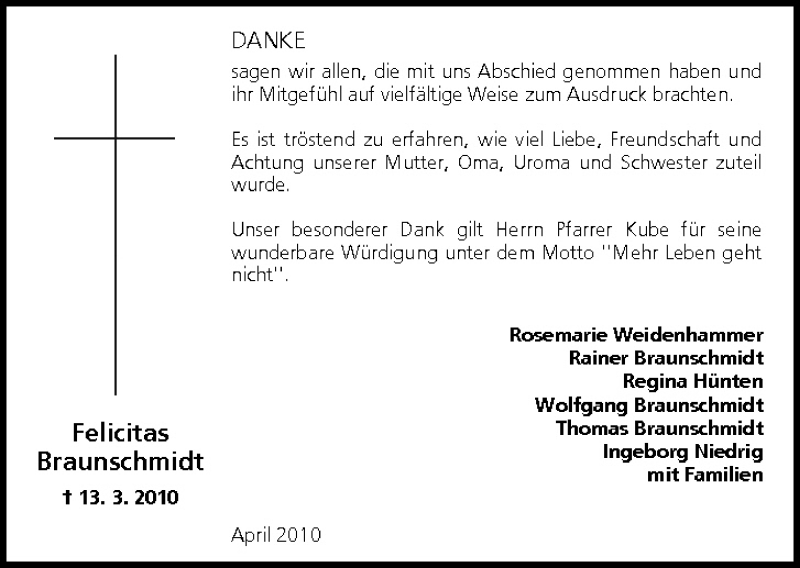  Traueranzeige für Felicitas Braunschmidt vom 03.04.2010 aus MGO