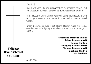 Anzeige von Felicitas Braunschmidt von MGO