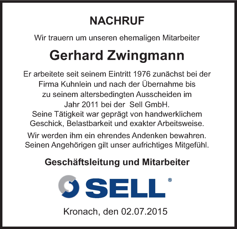  Traueranzeige für Gerhard Zwingmann vom 02.07.2015 aus MGO