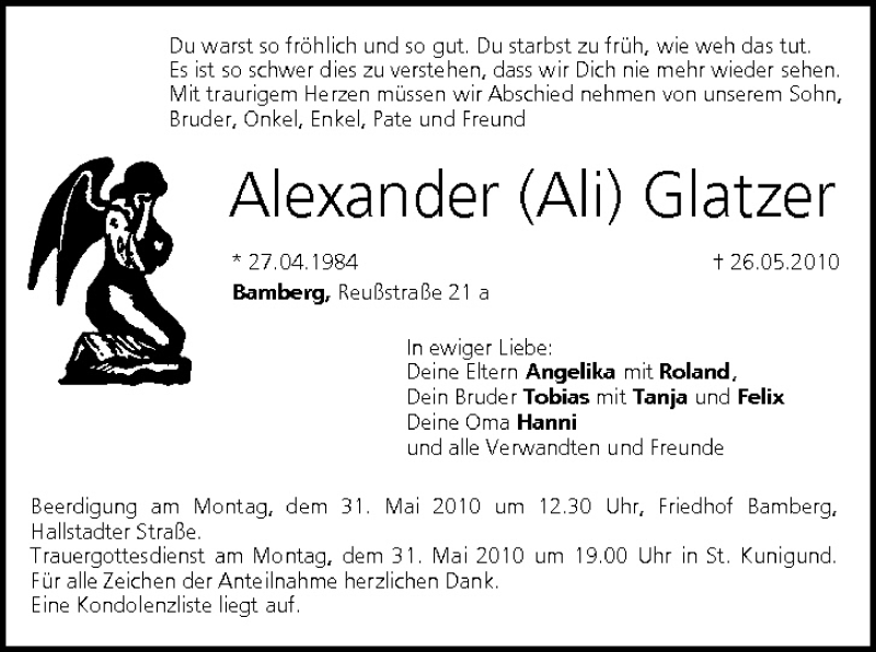  Traueranzeige für Alexander Glatzer vom 29.05.2010 aus MGO