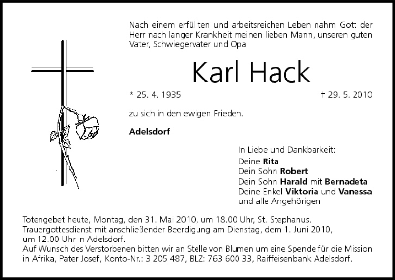  Traueranzeige für Karl Hack vom 31.05.2010 aus MGO