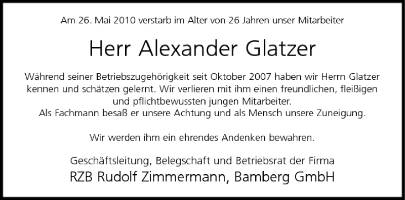  Traueranzeige für Alexander Glatzer vom 29.05.2010 aus MGO