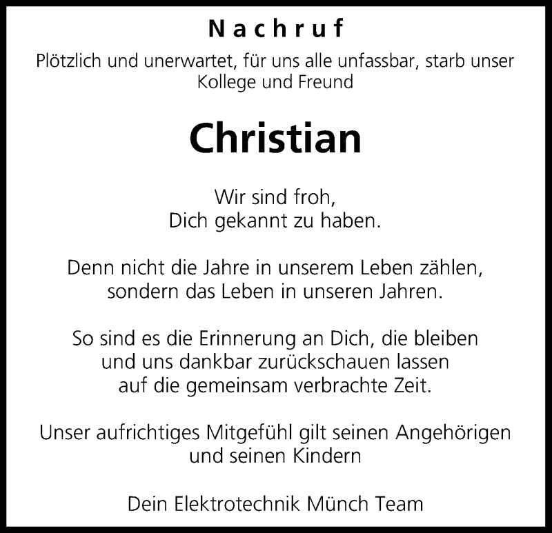  Traueranzeige für Christian  vom 20.01.2015 aus MGO