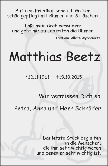 Anzeige von Matthias Beetz von MGO