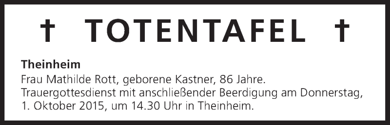  Traueranzeige für Totentafel vom 30.09.2015 vom 30.09.2015 aus MGO