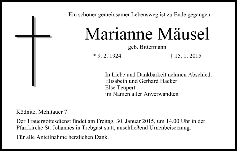  Traueranzeige für Marianne Mäusel vom 21.01.2015 aus MGO