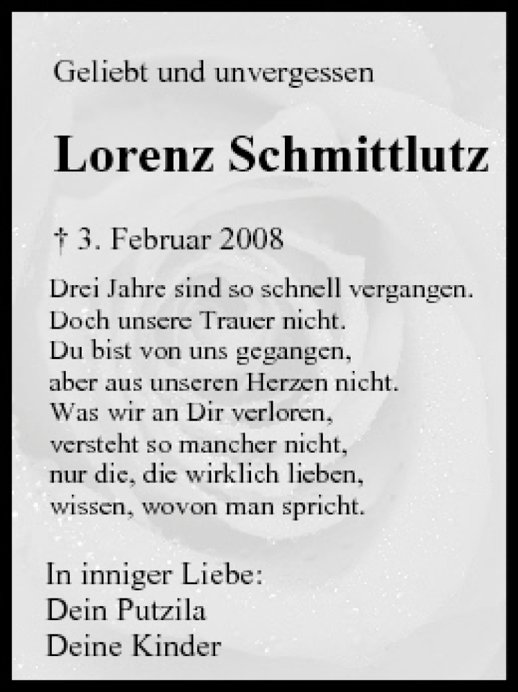  Traueranzeige für Lorenz Schmittlutz vom 03.02.2011 aus MGO