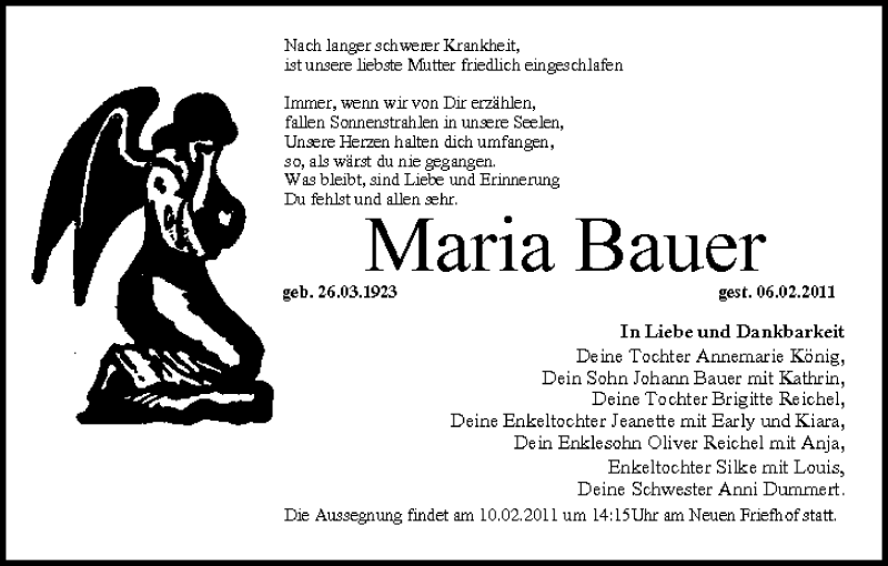  Traueranzeige für Maria Bauer vom 08.02.2011 aus MGO