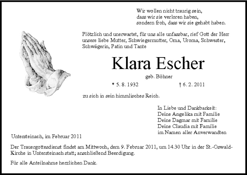  Traueranzeige für Klara Escher vom 08.02.2011 aus MGO