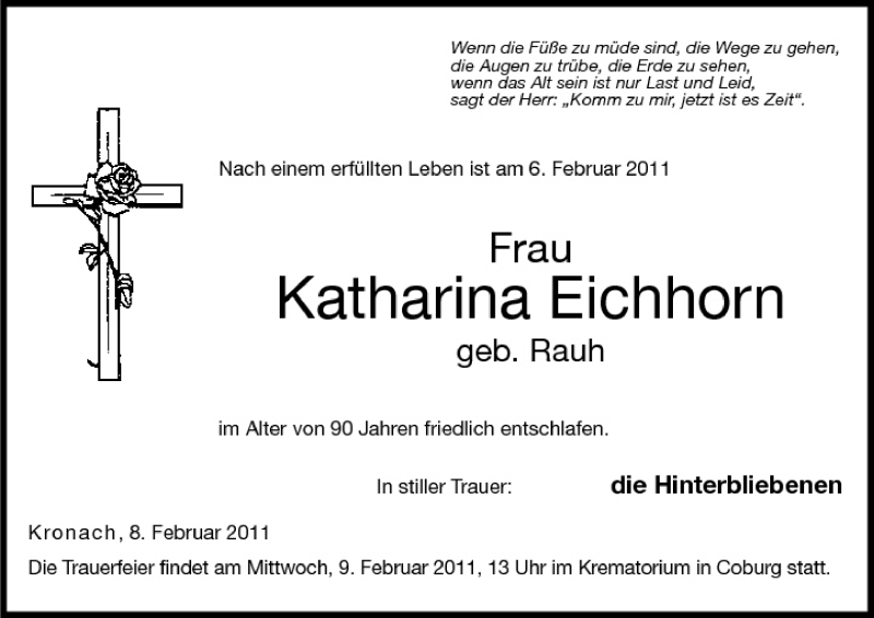  Traueranzeige für Katharina Eichhorn vom 08.02.2011 aus MGO