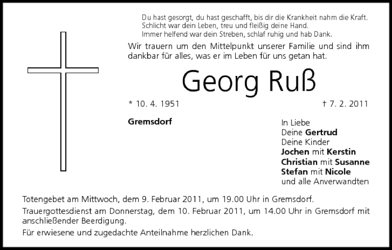  Traueranzeige für Georg Ruß vom 09.02.2011 aus MGO