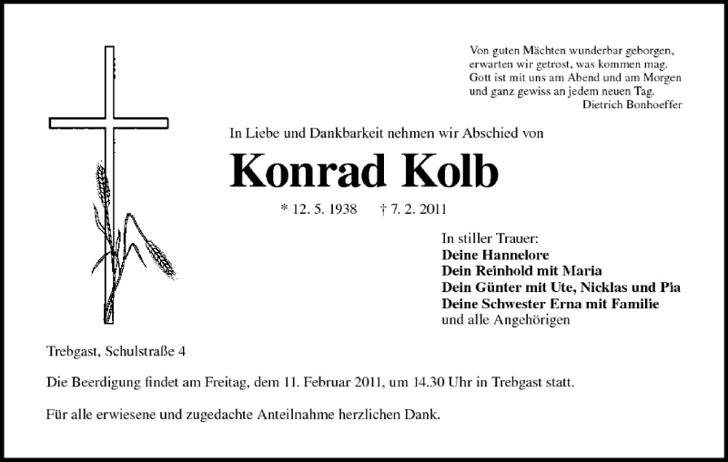  Traueranzeige für Konrad Kolb vom 09.02.2011 aus MGO