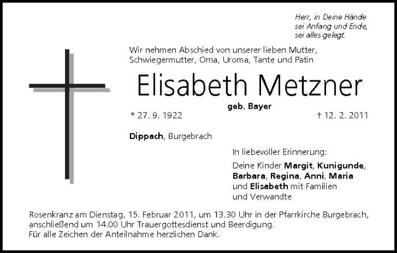  Traueranzeige für Elisabeth Metzner vom 14.02.2011 aus MGO