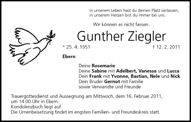  Traueranzeige für Gunther Ziegler vom 15.02.2011 aus MGO