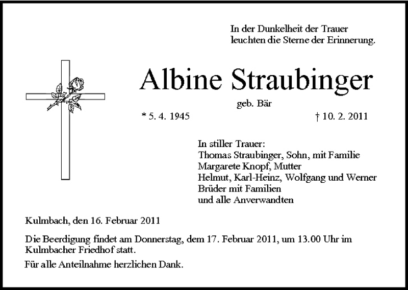  Traueranzeige für Albine Straubinger vom 16.02.2011 aus MGO