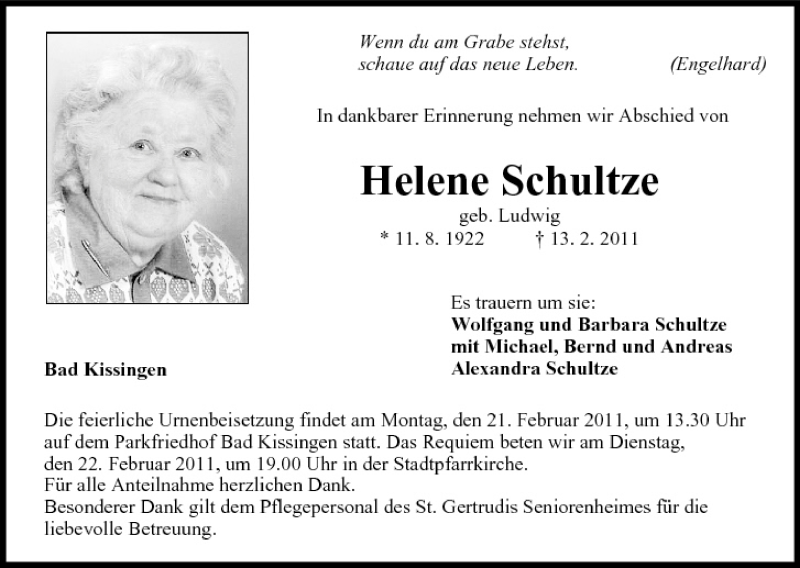  Traueranzeige für Helene Schultze vom 16.02.2011 aus MGO