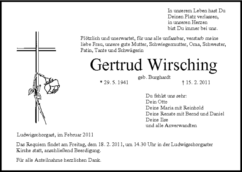  Traueranzeige für Gertrud Wirsching vom 17.02.2011 aus MGO