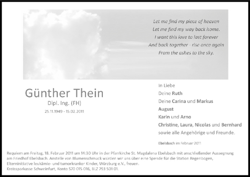  Traueranzeige für Günther Thein vom 17.02.2011 aus MGO