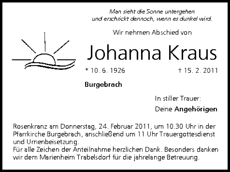  Traueranzeige für Johanna Kraus vom 19.02.2011 aus MGO