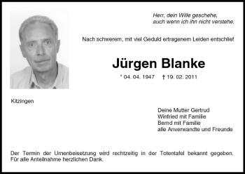 Anzeige von Jürgen Blanke von MGO