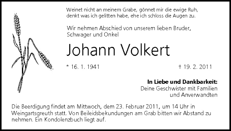  Traueranzeige für Johann Volkert vom 22.02.2011 aus MGO