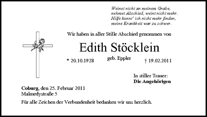  Traueranzeige für Edith Stöcklein vom 25.02.2011 aus MGO