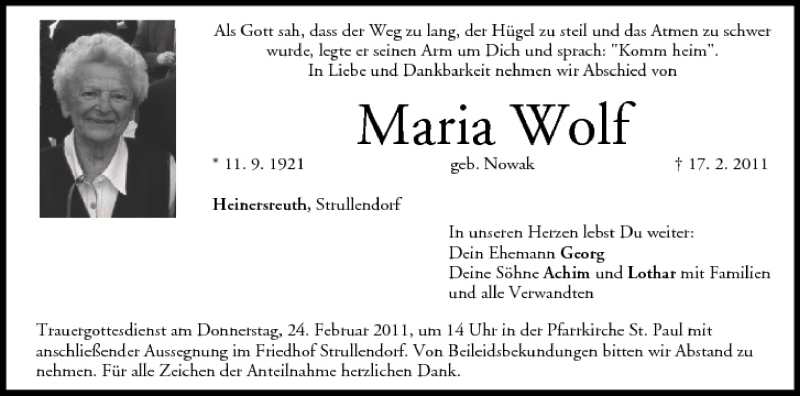  Traueranzeige für Maria Wolf vom 23.02.2011 aus MGO