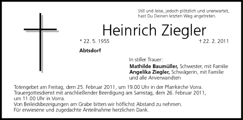 Traueranzeige für Heinrich Ziegler vom 24.02.2011 aus MGO