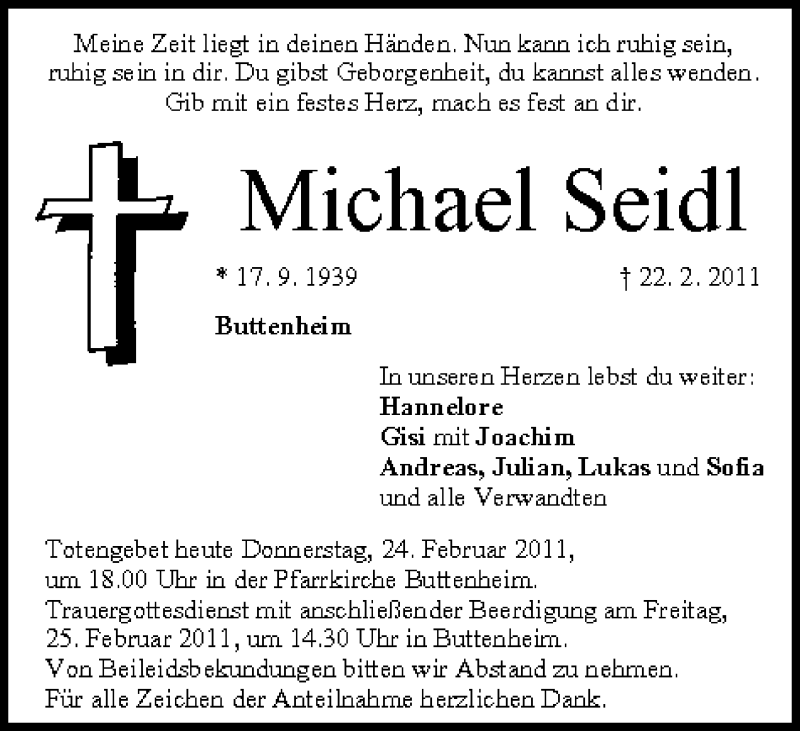  Traueranzeige für Michael Seidl vom 24.02.2011 aus MGO