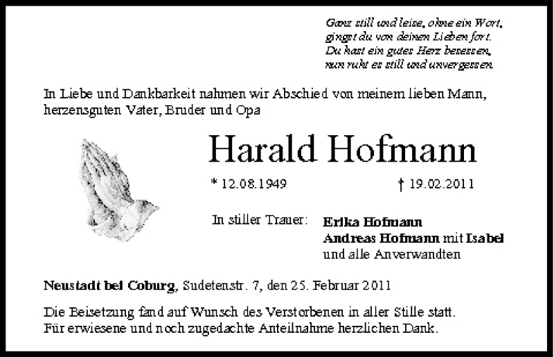  Traueranzeige für Harald Hofmann vom 25.02.2011 aus MGO