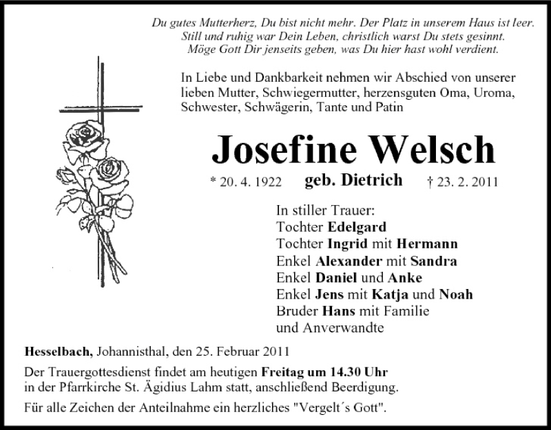  Traueranzeige für Josefine Welsch vom 25.02.2011 aus MGO
