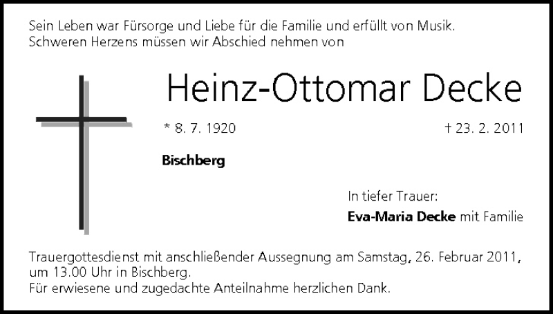  Traueranzeige für Heinz-Ottomar Decke vom 25.02.2011 aus MGO