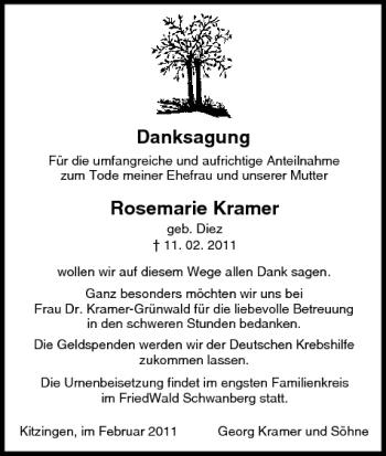 Anzeige von Rosemarie Kramer von MGO