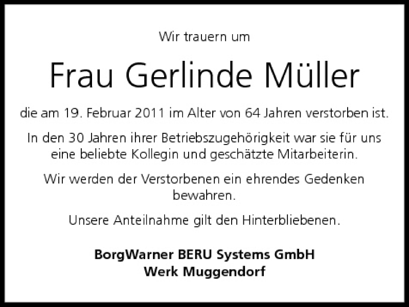  Traueranzeige für Gerlinde Müller vom 26.02.2011 aus MGO