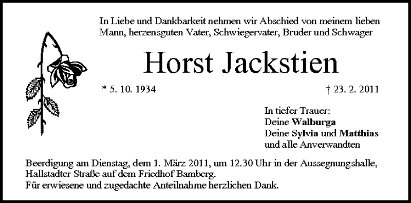  Traueranzeige für Horst Jackstien vom 26.02.2011 aus MGO