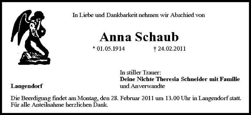  Traueranzeige für Anna Schaub vom 26.02.2011 aus MGO