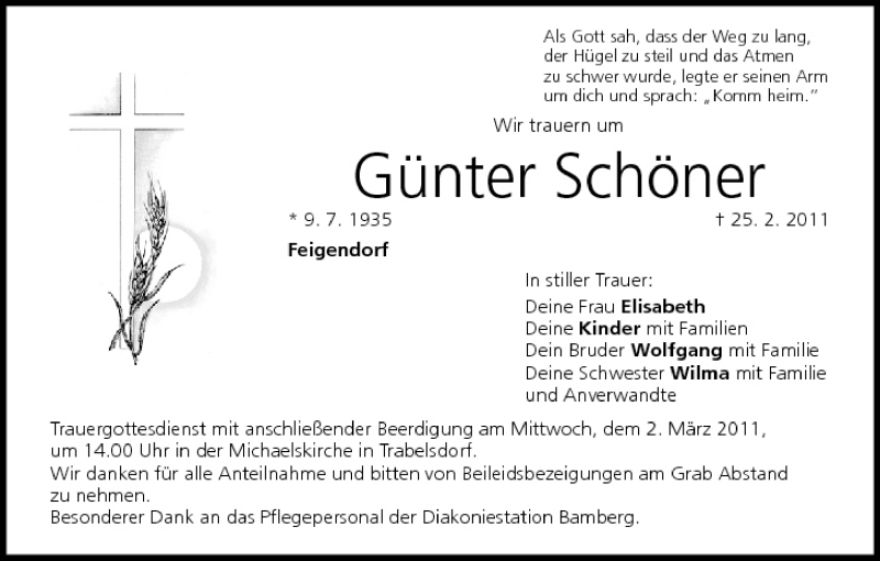  Traueranzeige für Günter Schöner vom 28.02.2011 aus MGO