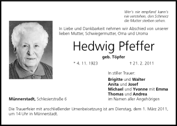 Anzeige von Hedwig Pfeffer von MGO