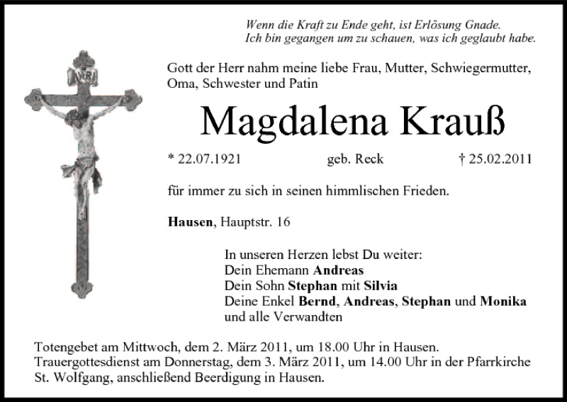 Traueranzeige für Magdalena Krauß vom 01.03.2011 aus MGO