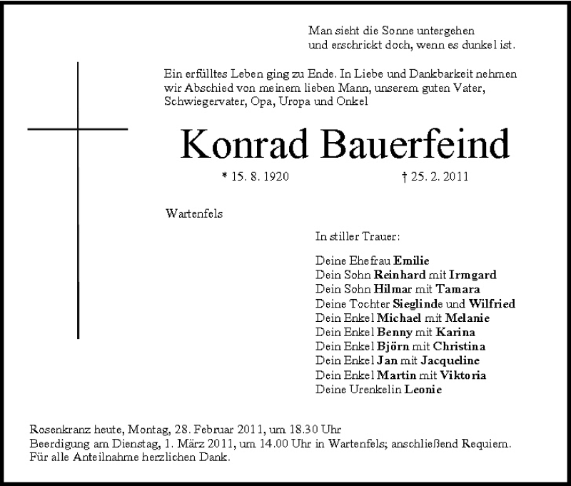  Traueranzeige für Konrad Bauerfeind vom 28.02.2011 aus MGO