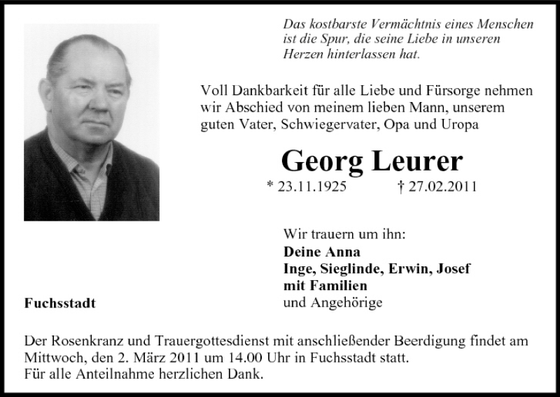  Traueranzeige für Georg Leurer vom 01.03.2011 aus MGO