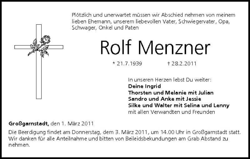  Traueranzeige für Rolf Menzner vom 01.03.2011 aus MGO