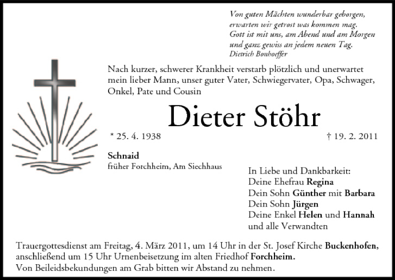  Traueranzeige für Dieter Stöhr vom 02.03.2011 aus MGO